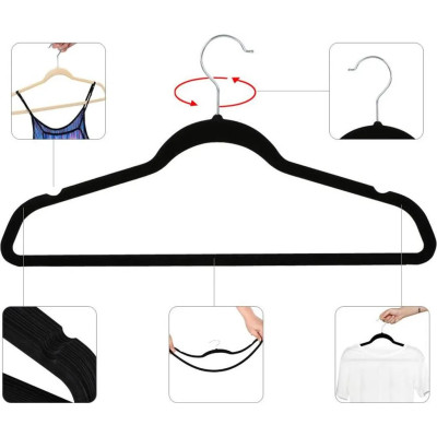 Ramínka na oblečení 510790 black (100ks), protiskluzový sametový potah, otočná o 360°, černá - A Ramínka na oblečení 510790 black (100ks), protiskluzový sametový potah, otočná o 360°, černá - A