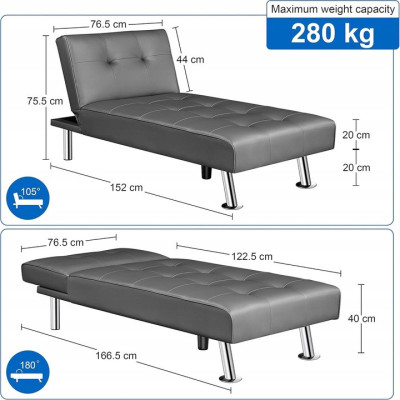 Rozkládací pohovka 611110 black, opěradlo sklápěcí, 166,5 x 76,5 x 40 cm, nosnost 280 kg - N
