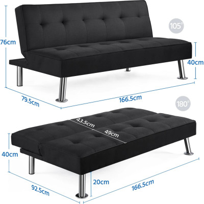 Třímístná rozkládací pohovka 613904 black, nosnost až 350 kg, černá, 166 × 92 cm - N