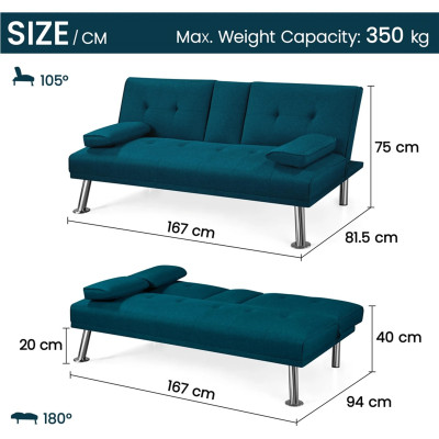 Skládací rozkládací pohovka 613684 aqua blue, čalouněná pohovka, nosnost 350 kg, modrá - B
