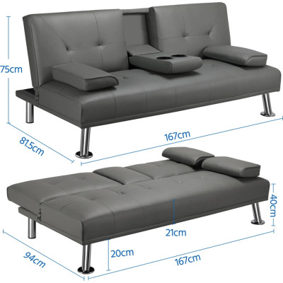Třímístná rozkládací pohovka 613481 gray, 167 x 81,5 x 75 cm, nosnost 350 kg, šedá umělá kůže - B