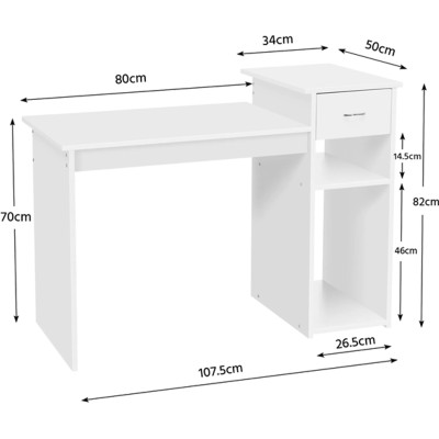 Kancelářský počítačový stůl 614378 white, 112 x 82 x 50 cm se zásuvkou, 2 police z MDF, bílý - A