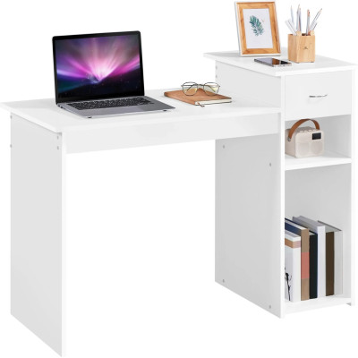 Kancelářský počítačový stůl 614378 white, 112 x 82 x 50 cm se zásuvkou, 2 police z MDF, bílý - A