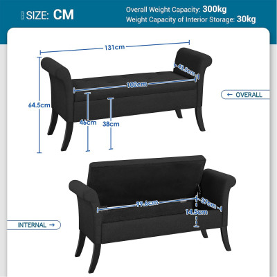 Lavice s úložným prostorem 613747 black, s područkami, max. zatížitelnost 300 kg, potah z látky, výška sedáku 46 cm, černá - B Lavice s úložným prostorem 613747 black, s područkami, max. zatížitelnost 300 kg, potah z látky, výška sedáku 46 cm, černá - B