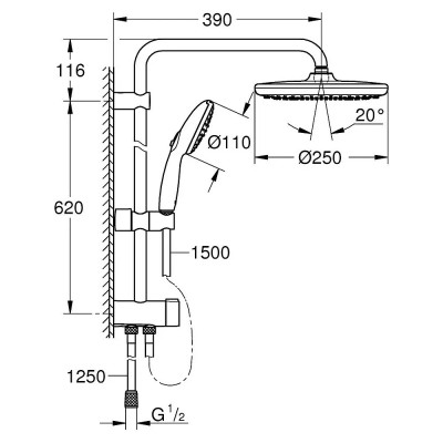 Sprchová sada GROHE Vitalo Start 250, rozteč otvorů: 62 cm, typ trysky: Rain, SmartRain, Jet, chrom - B Sprchová sada GROHE Vitalo Start 250, rozteč otvorů: 62 cm, typ trysky: Rain, SmartRain, Jet, chrom - B