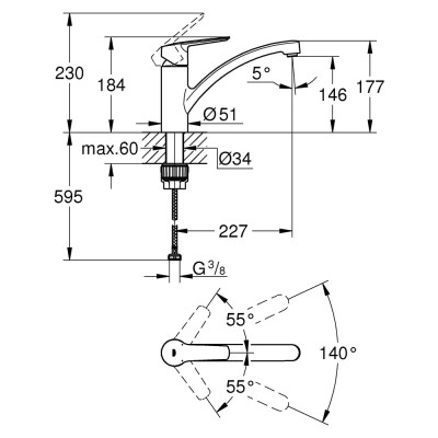 Kuchyňská baterie GROHE QuickFix Start, výška: 23 cm, chrom, lesklý povrch, rozsah otáčení: 140 ° - A