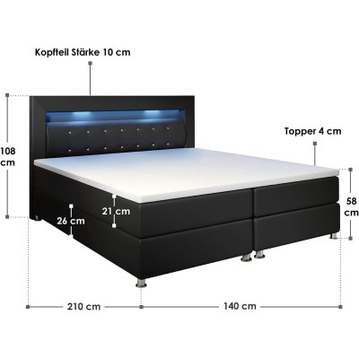 Boxspring postel Montana 29042, 140 x 200 cm, s matrací a vrchní matrací, LED osvětlení, černá - B Boxspring postel Montana 29042, 140 x 200 cm, s matrací a vrchní matrací, LED osvětlení, černá - B
