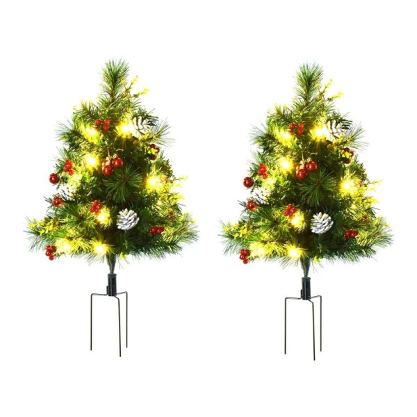 Umělý vánoční stromek 830-301, sada 2 ks, mini, se šiškami a červenými bobulemi, koulemi, LED světly, IP44, PVC, kov, zele...