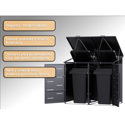 Přístřešek na popelnice D07GG2, na 2 popelnice, celokovový kryt, moderní, antracit