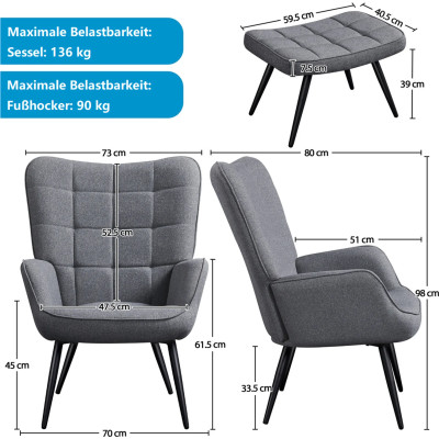 Křeslo s podnožkou 614002 dark gray, čalouněné, kovové, šedé - A