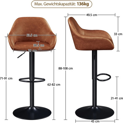 Sada 2 barových židlí 612654 retro brown, z umělé kůže a kovu - B