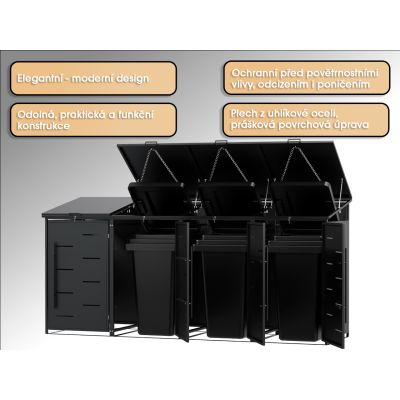 copy of Přístřešek na popelnice D04GW3, na 3 popelnice, celokovový kryt, moderní, antracit/hnědý - N
