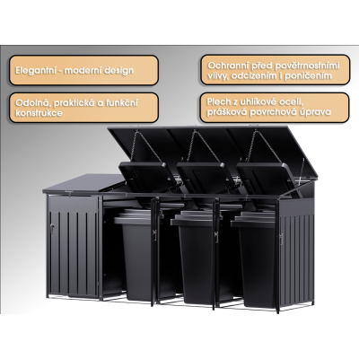 copy of Přístřešek na popelnice D04GW3, na 3 popelnice, celokovový kryt, moderní, antracit/hnědý - N