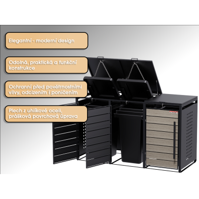 Přístřešek na popelnice D04GW3, na 3 popelnice, celokovový kryt