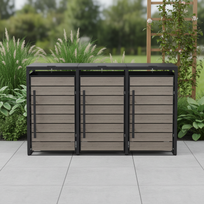 copy of Přístřešek na popelnice D04GW3, na 3 popelnice, celokovový kryt, moderní, antracit/hnědý - N