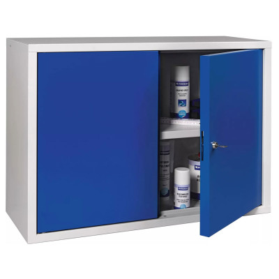 Plechová závěsná skříňka, 1 police, šedo/modrá - B