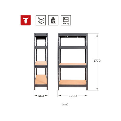 Regál pro vysoké zatížení STIER, nosnost police 600 kg, 1770 x 1200 x 450 mm , černý - B