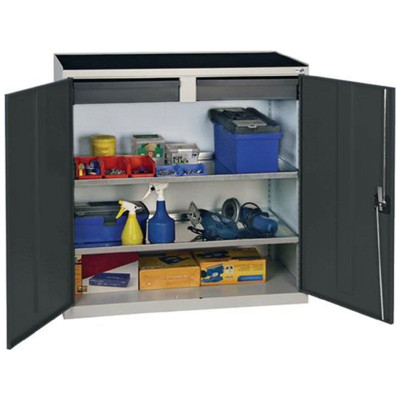 Skříňka na nářadí 1000 x 1000 x 500 mm, 1 zásuvka, 2 dveře, šedo/modrá - B