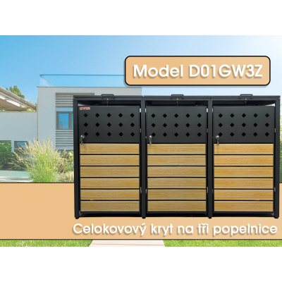 Přístřešek na popelnice D01GW3, na 3 popelnice, celokovový kryt, moderní, antracit/hnědý