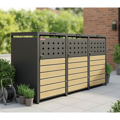 Přístřešek na popelnice D01GW3, na 3 popelnice, celokovový kryt, moderní, antracit/hnědý