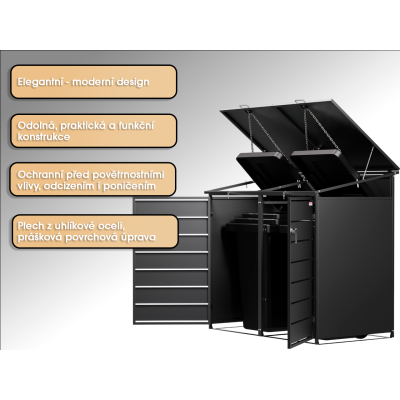Přístřešek na popelnice D01GW3, na 3 popelnice, celokovový kryt, moderní, antracit/hnědý