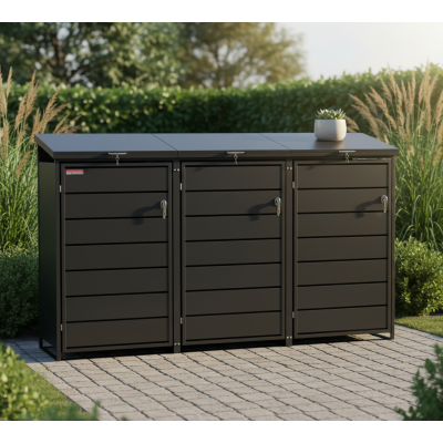 Přístřešek na popelnice D01GW3, na 3 popelnice, celokovový kryt, moderní, antracit/hnědý