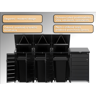 Přístřešek na popelnice D01GW3, na 3 popelnice, celokovový kryt, moderní, antracit/hnědý