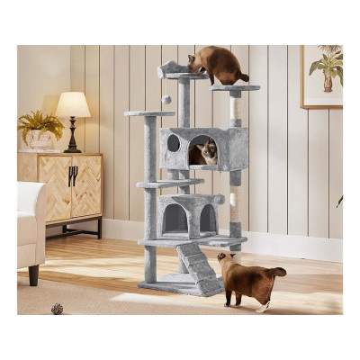 Odpočívadlo a škrabadlo pro kočky 592070 Light Gray, nadýchané, pohodlné úkryty, šedé, 138 cm - A