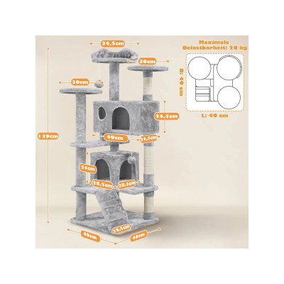 Odpočívadlo a škrabadlo pro kočky 592070 Light Gray, nadýchané, pohodlné úkryty, šedé, 138 cm - A