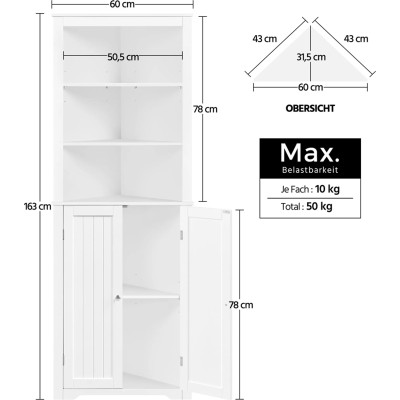 Koupelnová skříňka 614158 white, rohová skříňka, vysoká, bílá - A