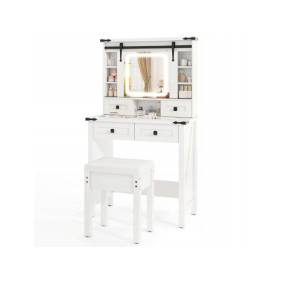 Toaletní Stolek se zrcadlem HU10928DE-22WH se skleněnou vitrínou a židlí, bílý - B