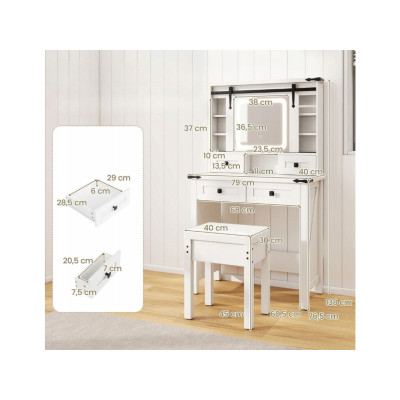 Toaletní Stolek se zrcadlem HU10928DE-22WH se skleněnou vitrínou a židlí, bílý - B
