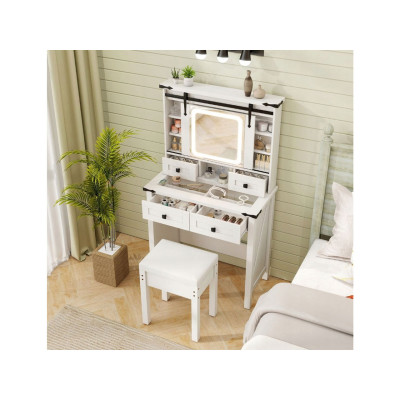 Toaletní Stolek se zrcadlem HU10928DE-22WH se skleněnou vitrínou a židlí, bílý - B