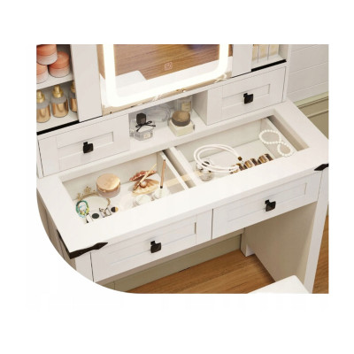 Toaletní Stolek se zrcadlem HU10928DE-22WH se skleněnou vitrínou a židlí, bílý - B