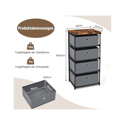 Noční stolek JZ10130GR s látkovými zásuvkami, 4 zásuvky, šedá - A