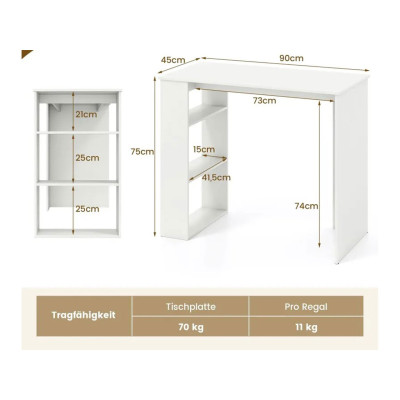 Počítačový stůl s policí CB10868WH, 90cm, bílý - B