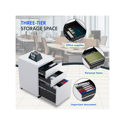 Mobilní skříň se 3 zásuvkami, zámkem a ochranou proti převrácení, bílá - A