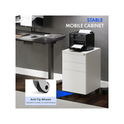 Mobilní skříň se 3 zásuvkami, zámkem a ochranou proti převrácení, bílá - A