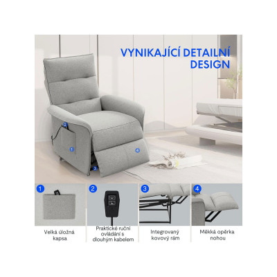 Elektrické polohovací křeslo s funkcí naklápění 105°-155°, šedé - B
