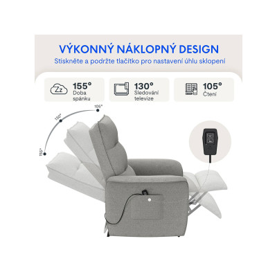 Elektrické polohovací křeslo s funkcí naklápění 105°-155°, světle šedé - B