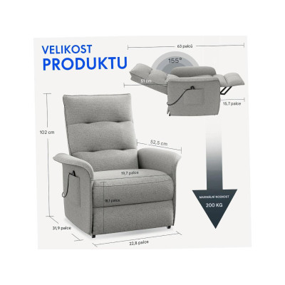 Elektrické polohovací křeslo s funkcí naklápění 105°-155°, šedé - B