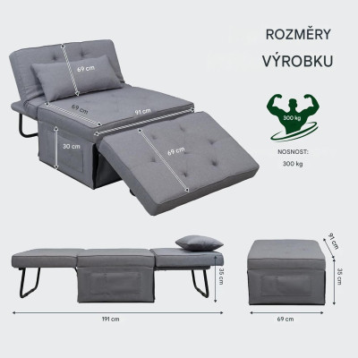 Křeslo, 3v1, až 300 kg, šedé, 91 x 69 x 35 cm - B