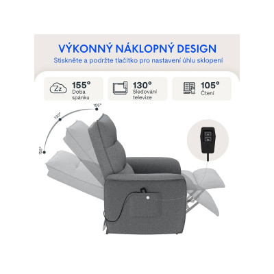Elektrické polohovací křeslo s funkcí naklápění 105°-155°, tmavě šedé - A