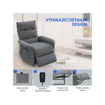 Elektrické polohovací křeslo s funkcí naklápění 105°-155°, tmavě šedé - A