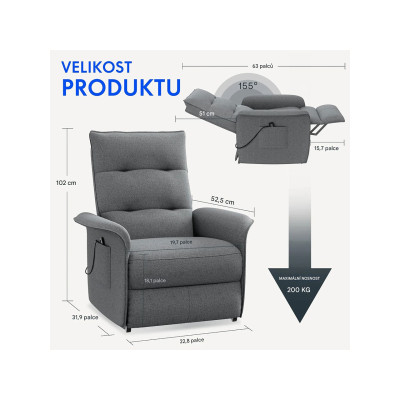 Elektrické polohovací křeslo s funkcí naklápění 105°-155°, tmavě šedé - A