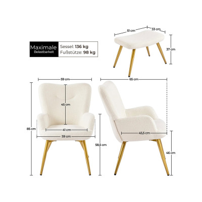 Křeslo 593038 ivory s opěradlem a podnožkou, krémově bílé - B