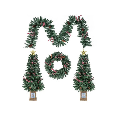 Sada 2 mini umělých vánočních stromků CM25224DE-2 s vánoční girlandou a věncem - B