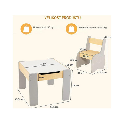3dílná dřevěná dětská sedací souprava HY10080GR, 4 v 1, se 2 židlemi - A
