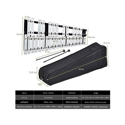 Xylofon MU10043 s taškou na paličky, černo/stříbrný - A