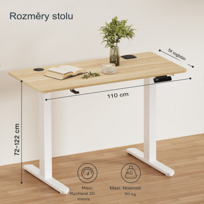 Stůl s paměťovými funkcemi, 110 cm x 54 cm, bílý - B
